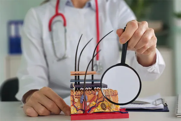 Anatomiczny model skóry i jej warstw pod lupą lekarza